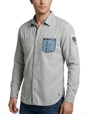 Buffalo David Bitton Slim Fit Long Sleeve Gray Shirt Denim Pocket size L
